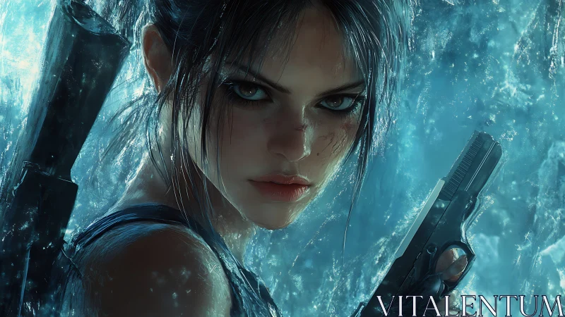 Armed female figure in icy blue environment close portrait.