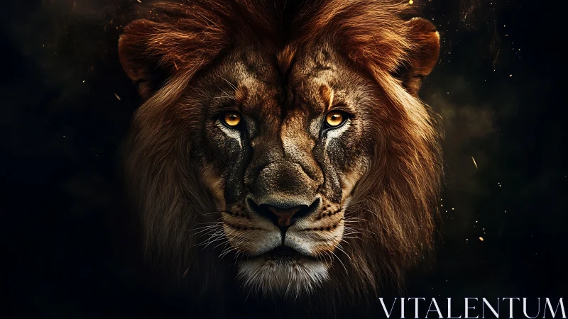 Golden-eyed lion gazes calmly from the dark with quiet power