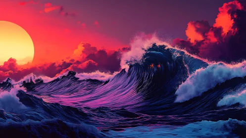 Neon tide uprising under a molten candy sunset sky.