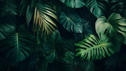 Deep emerald tropical foliage under moody directional light.
