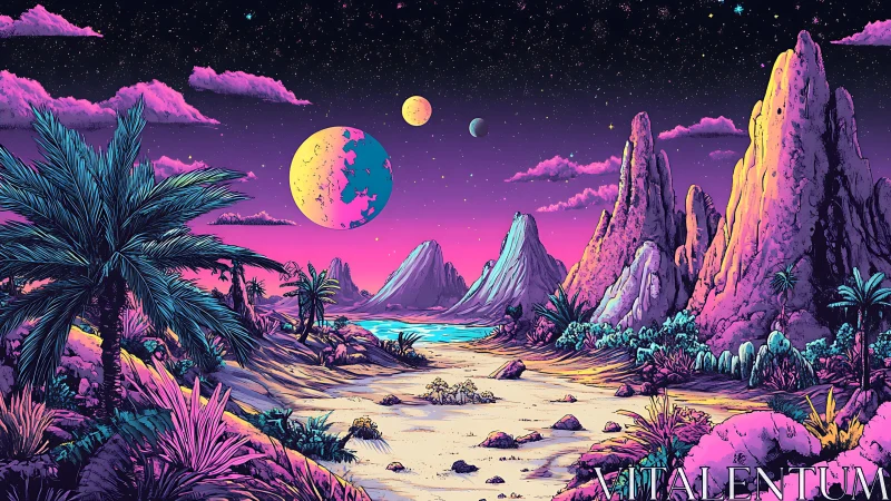 Neon extraterrestrial shoreline with twin moons, stylized landscape.