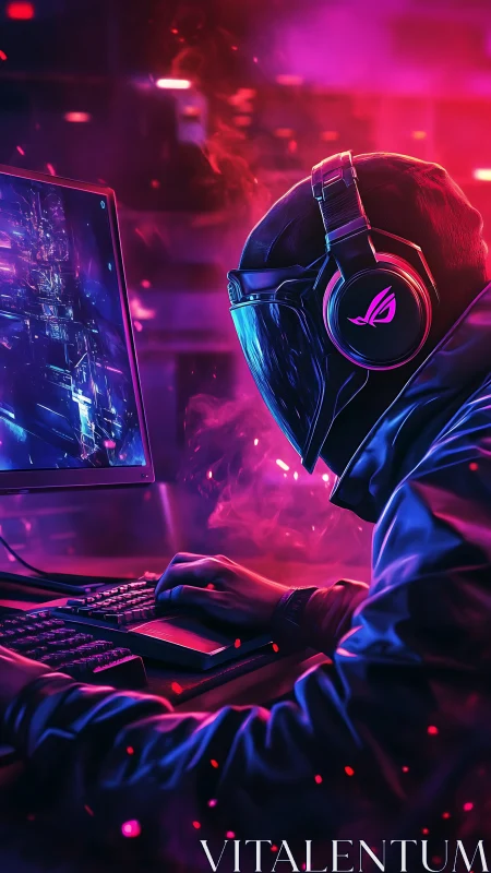 Hooded computer user at RGB gaming setup in neon light.