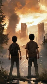 Two quiet rebels study a ruined skyline glowing with fire