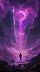 Lone wanderer approaches glowing moon gate in violet mist