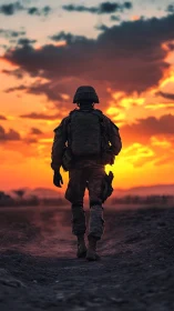 Soldier in combat gear walking along path at sunset.
