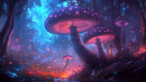 Bioluminescent megafungi in neon blue magenta enchanted forest