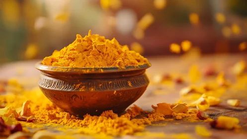 Bright turmeric powder in carved brass bowl on table.