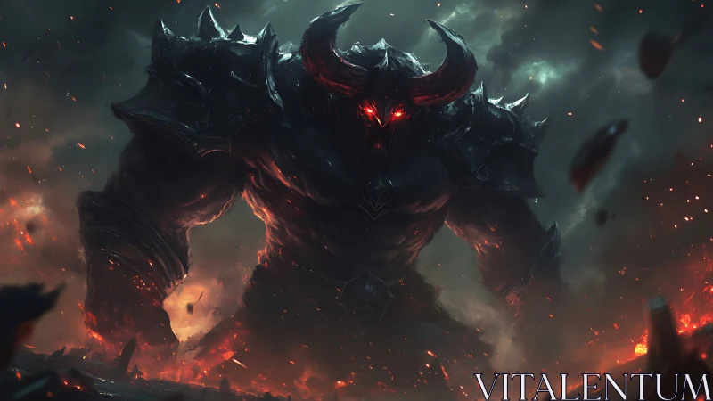 Armored horned giant with glowing eyes stands amid fire