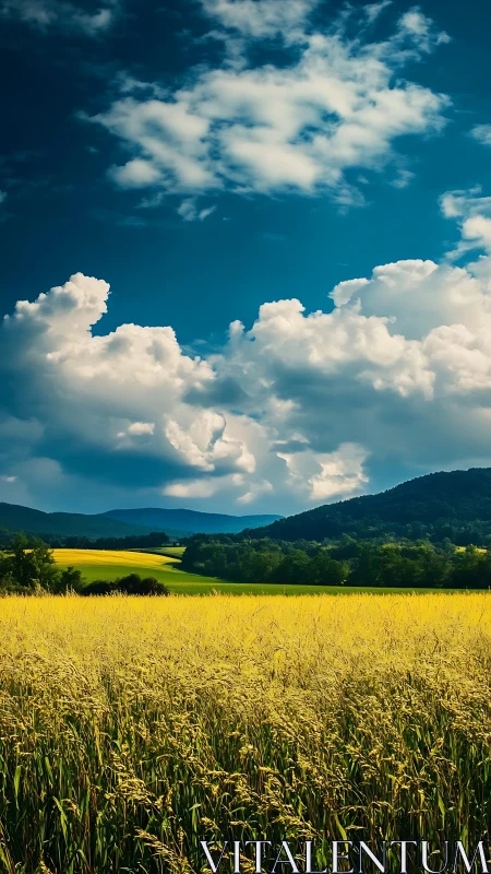 High-saturation wheat field landscape under cumulus sky