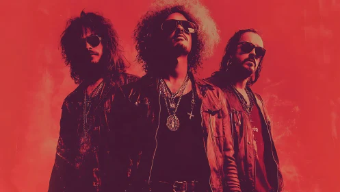 Monochrome red rock trio portrait with stylized grunge lighting.