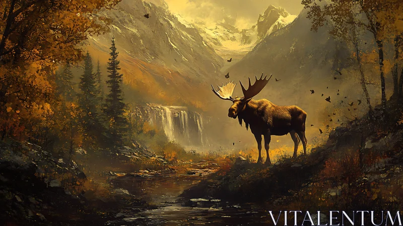 Solitary bull moose stands in golden alpine valley at dusk