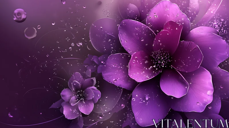 Purple Flowers with Water Droplets and Particle Effects