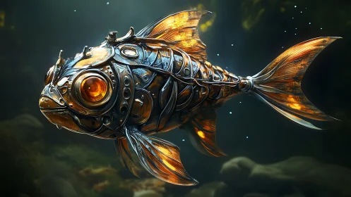 Steampunk cybernetic fish rendered in glowing metallic armor.