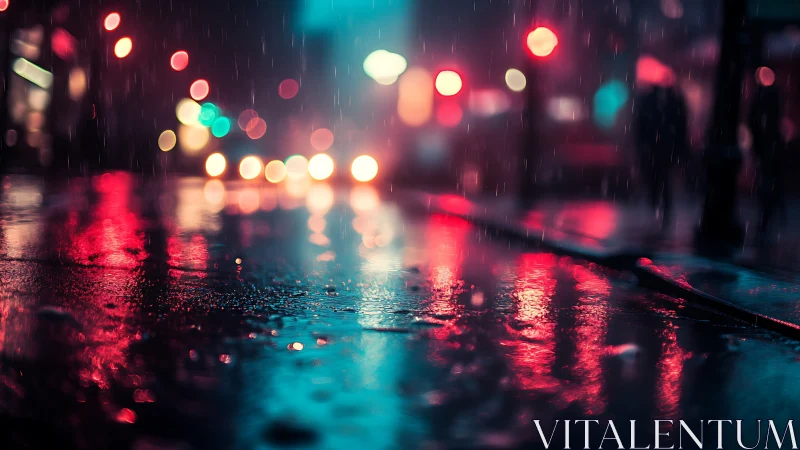Rain-soaked neon boulevard renders cinematic cyberpunk bokeh