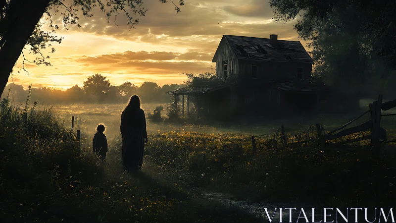 Rural dusk silhouettes before weathered farmhouse horizon.