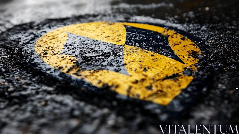 Wet asphalt logo glistens under shallow depth focus.