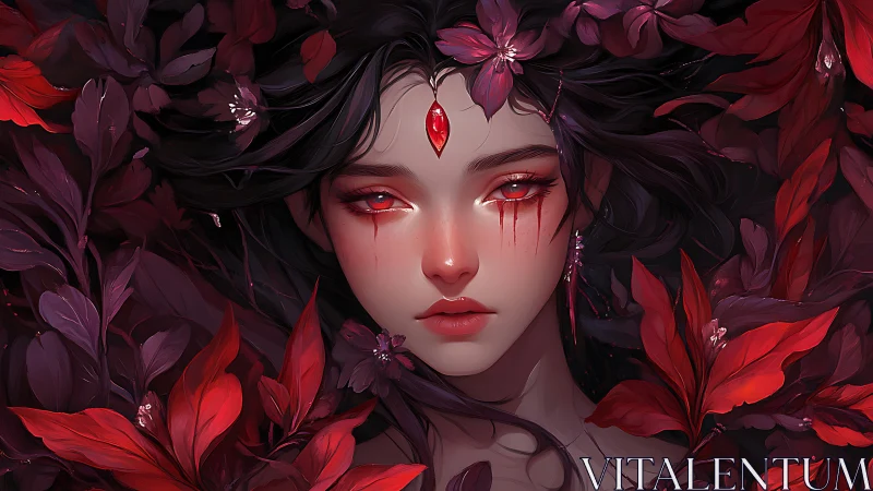 Blood-touched forest nymph with crimson jeweled sigil.