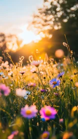 Wildflower meadow in golden hour sunlight.