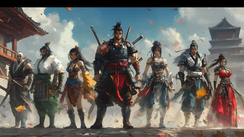 Seven armed warriors in stylized samurai fantasy setting.
