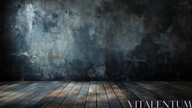 Worn textured wall and wooden plank floor in empty room.