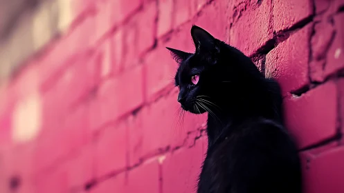 Black cat positioned against magenta brick wall.