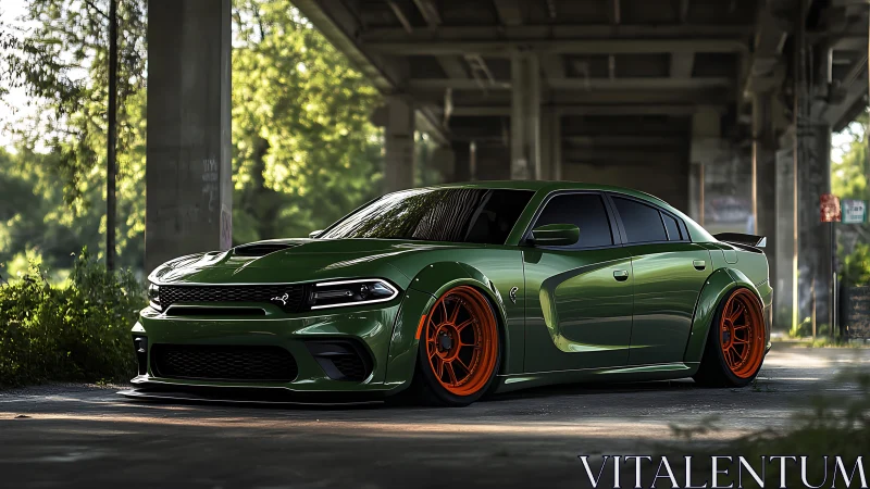 Emerald street beast crouches low on inferno orange wheels.