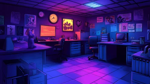 Cozy neon-lit office where late-night stories quietly unfold.