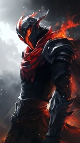 Flaming dark knight stands amid smoke and rising embers