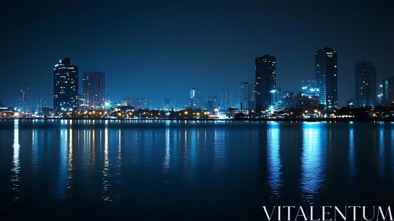 City waterfront skyline at night with blue reflections.