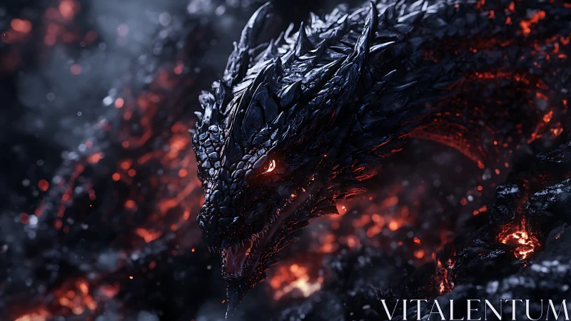 Obsidian dragon rises from molten lava in burning chasm.