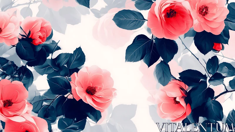 Pink Roses Dance Through Navy Blooms.