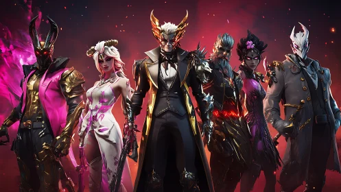 Six demonic cyber-heroes stand aligned in molten neon haze