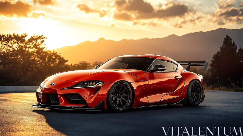 Modified orange sports coupe glows in dramatic sunset light.