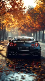 Rear view black GT sports coupe on wet autumn boulevard