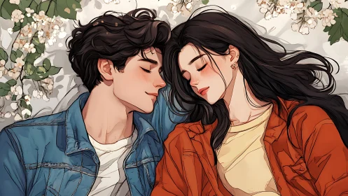 Two figures in casual denim resting among flowering vines with serene intimacy