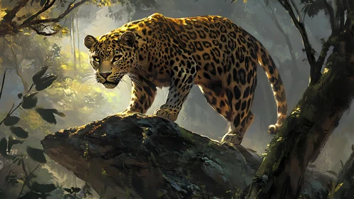 Leopard on moss-covered rock in misty forest.