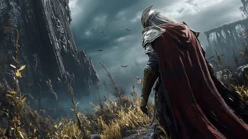 Stormbound knight before the leaning cathedral of ruins.