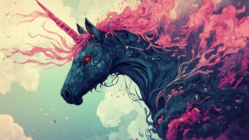 Stormborn void unicorn with ember eyes and pink nebula mane.
