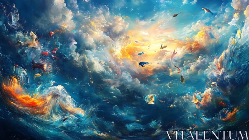 Abstract aquatic sky with swirling fish and luminous clouds.