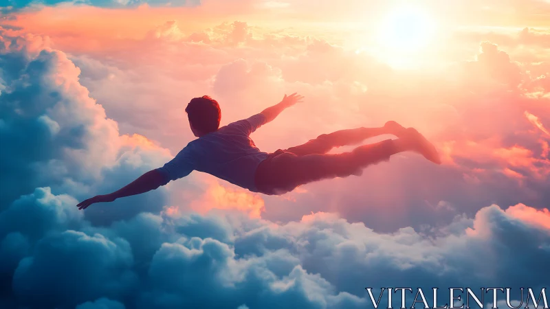 Figure in horizontal pose appears suspended above dense clouds