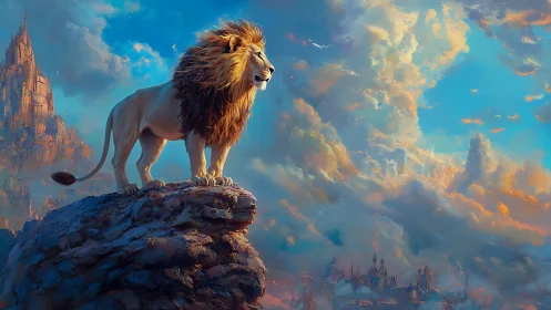 Majestic lion surveys atmospheric fantasy kingdom under luminous sky
