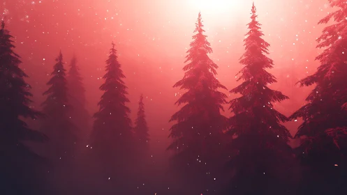 Red mist forest shows silhouetted conifer trees in snowfall