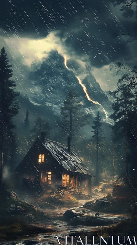 Storm-lashed forest cabin under lightning-scarred mountain peak.