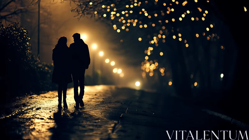 Two figures embrace on wet street under glowing lights.