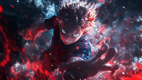 Anime hero unleashes blazing red power in dynamic charge.