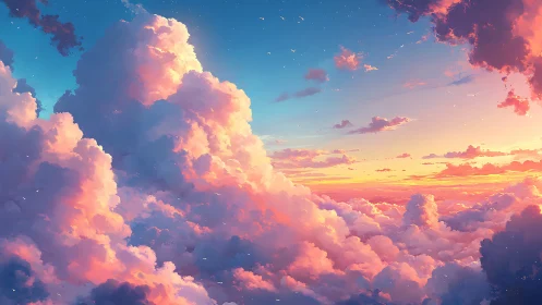 Sunlit cumulonimbus towers over radiant pastel cloud sea.