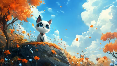 Animated white cat with blue eyes positioned on rocky outcrop amid autumn foliage.