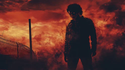 Silhouetted figure before barbed fence in red smoke field.