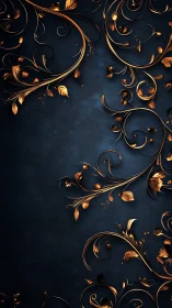 Golden baroque vines curl over deep blue textured backdrop.