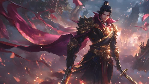 Armored warrior commands burning fantasy battlefield